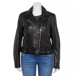 Vestes en cuir d'agneau véritable cloutées style punk biker marron et noir personnalisées pour femmes – Fabrication en ligne - Product Image 6