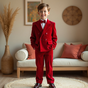 Boys Red Velvet Double Breasted Tuxedo Suit | <b>Kids</b> Wedding Suit | <b>Ring</b> Bearer Formal Blazer Set | Custom Made - Product Image 1