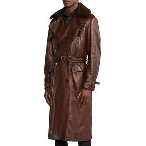 Men's Genuine Leather Trench Coat Double Breasted Long Brown Overcoat with Belt Turn-<b>down</b> Collar - Product Image 2