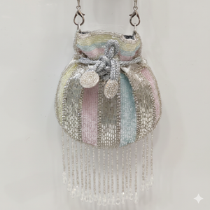Sac Potli de luxe orné de perles faites à la main |   Pochette de soirée élégante à rayures pastel pour mariages et fêtes |   Sac de mariée en gros - Product Image 2