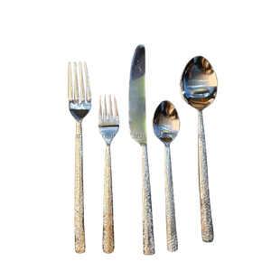 5-Piece Textured Pebble-Pattern Handle Silverware Set Including <b>Dinner</b> fork, salad fork, <b>dinner</b> <b>knife</b>, teaspoon, and soup spoon. - Product Image 1