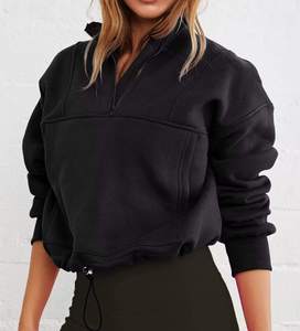 Women Vintage Autumn Oversized Quarter <b>Zip</b> <b>Hooded</b> Sweatshirt Loose Fit Long Sleeve Pullover Adjustable Hem High Neck Streetwear - Product Image 5