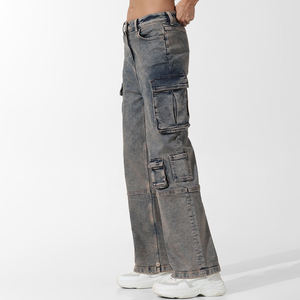 Pantalon cargo en jean streetwear urbain, coupe oversize, multi-poches, délavé, coupe droite, pour l'automne, pour collections de détail 2026 - Product Image 3