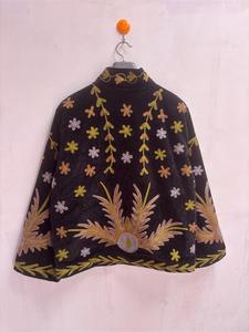 Elegant Brown <b>Velvet</b> Embroidered Suzani <b>Jacket</b> With Floral Pattern Full Sleeve Stand Collar Handmade Boho Winter Outerwear - Product Image 4