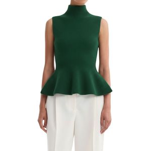 Top corto transpirable verde esmeralda para mujer, suéter de punto sin mangas con dobladillo peplum, jersey de cuello alto, ajuste ceñido, tejido acanalado - Product Image 1