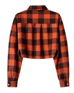 Chemisier court personnalisé à carreaux orange et noir pour femme, col rabattu, manches longues, boutonné, style décontracté, fournisseur OEM - Product Image 5