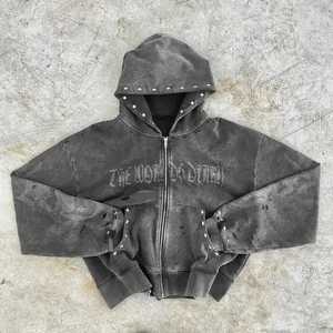 Sudadera con capucha unisex estilo punk desgastada con cremallera, lavado ácido, 100% algodón, con apliques y estampado de letras con tachuelas para otoño - Product Image 1