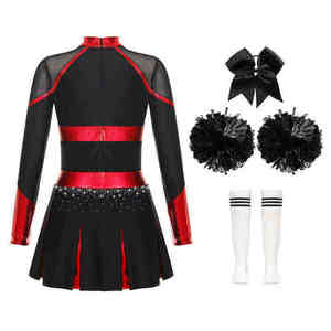 Ensemble d'uniformes de cheerleading personnalisés avec strass, noir et rouge, en spandex et polyester, style jupe, pour adolescentes, tenue de compétition, imprimé pailleté - Product Image 3