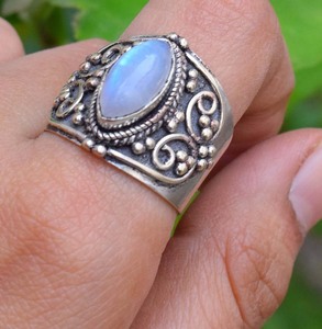 Bague en pierre de lune marquise, argent sterling 925, pierre de lune arc-en-ciel naturelle, bijoux de mariage - Product Image 2