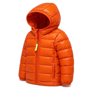 Orange <b>Denim</b> Quilted Windproof Hooded <b>Jacket</b> for Toddlers <b>Lightweight</b> Winter Coat Full Sleeve Zipper Closure Solid Color Design - Product Image 2