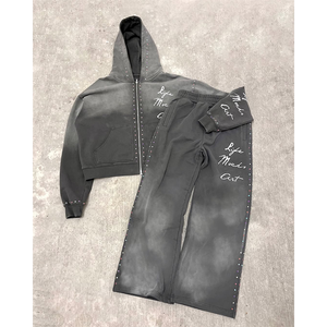 Ensemble sweat à capuche et pantalon de survêtement évasé 100 % coton, personnalisé par le fabricant, respirant, hiver, avec patch brodé effet vieilli, coupe courte et délavé à l'acide - Product Image 5