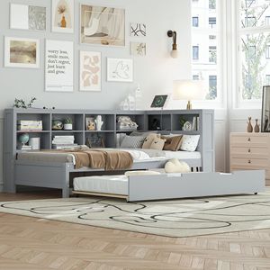 Letto a giorno in legno grigio a una piazza e mezza con letto estraibile, porte USB e ripiano portaoggetti - Letto per bambini - Product Image 1