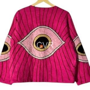 Poncho Bohème Rose à Imprimé Yeux pour Femmes Rondes, Manches Longues, Col en V, Vêtement d'Automne Brodé à la Main avec Motif de Personnage - Product Image 2