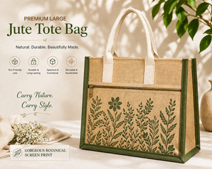 Bolsa de Yute Grande con Diseño Botánico Laminado Premium, Asas Dobles, Bolsillo Frontal con Cremallera, Ecológica, para Bodas y Exposiciones - Product Image 1