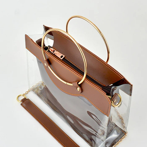 Women's Transparent PVC Tote <b>Bag</b> With Brown Leather Insert Round Handle Chain Strap Modern Style Daily Use - Product Image 5