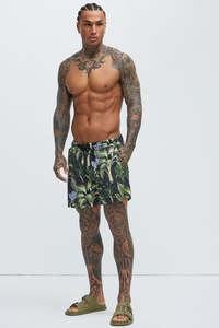 Shorts de Baño para Hombre con Estampado Tropical, Diseño Exótico de Selva, Cintura Elástica con Cordón, Tela Ligera de Secado Rápido - Product Image 2