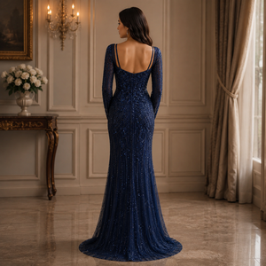 Womens Navy Blue <b>Sequin</b> Mermaid Maxi Dress Spaghetti Strap Elegant Evening Wedding Formal Prom Party Gown Bodycon Glitter Floor - Product Image 4