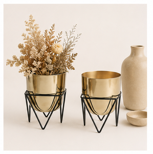 Modern Gold Metal Planters with Black Iron Stands Set of 2 Luxury Indoor Flower <b>Pots</b> for Living Room Decorative Plant <b>Holders</b> - Product Image 4