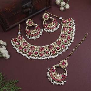Floral Kundan and <b>Pearl</b> Choker Necklace Earrings Maang Tikka <b>Set</b> for Women-K7304Q - Product Image 1