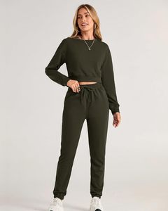 Ensemble de survêtement vert olive uni pour femme, sweat-shirt à col rond et manches longues, pantalon de jogging avec cordon de serrage et poches latérales - Product Image 2