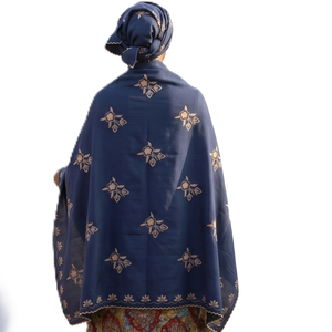 Châle en coton bleu pour femme, broderie florale africaine, strass, léger, respirant, écharpe ethnique, usage quotidien, hijab, élégant - Product Image 5