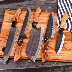 Couteau de Chef en Acier Inoxydable à Lame Martelée Style Antique Vintage Lames Tranchantes comme des Rasoirs Manches en Bois de Grenade Sac en Cuir BBQ - Product Image 2