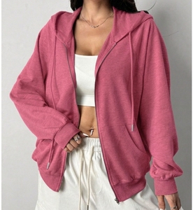 Sweat-shirt à capuche oversize décontracté pour femme avec fermeture éclair et épaules tombantes, en polyester, vente en gros, pour femme et fille - Product Image 4