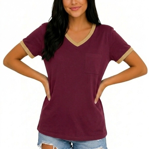 Women V Neck T-Shirt Solid Color Short Sleeve Pocket Casual Loose Fit Cotton <b>Top</b> Spring Summer Wear - Product Image 3