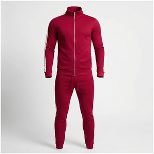 Ensemble de survêtement rouge pour homme, manches longues, col montant, fermeture éclair sur le devant, couleur unie, respirant, coupe décontractée, vêtements d'automne - Product Image 1
