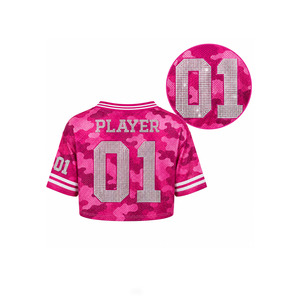 Wholesale Pink Camouflage Women Cropped <b>Top</b> Custom <b>Rhinestone</b> Number American Football Jersey Short Sleeve Summers Crop Tee Y2K - Product Image 3
