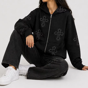 Sudadera con capucha de otoño con cremallera y cruz de diamantes de imitación, de alta calidad, estilo gótico, unisex, streetwear, con logotipo bordado personalizado, colores OEM/ODM - Product Image 1