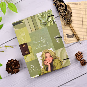 Green Aesthetic Girl <b>Lock</b> Diary Notebook A5 Hardcover Journal | Handmade Writing Diary with Collage Design and Button Closure - Product Image 2
