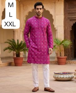 Ensemble prêt-à-porter de vêtements traditionnels et ethniques pour hommes, comprenant un kurta en coton avec des détails en miroir et un pyjama. - Product Image 1