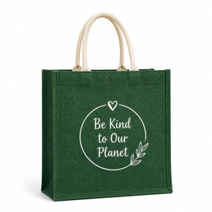 Bolsa de compras de yute Be Kind To Our Planet, 16x14x5 pulgadas, verde, reutilizable, con costuras resistentes y fuelle ancho - Product Image 1