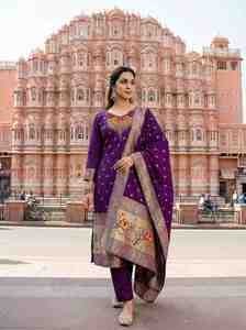 Purple Silk <b>Kurta</b> Pant Dupatta Set With Hand Drawn Embroidery Traditional <b>Indian</b> Ethnic Wear For Women Regular Fit Ankle Length - Product Image 4