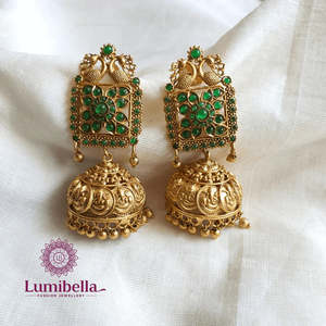 Ganesh Gold Plated Chandelier Earrings with Ruby and Golden Pearl Moon Design - Product Image 1
