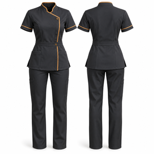 Conjunto de Uniforme Médico Unisex de Manga Corta con Cuello Alto, Blusa y Pantalón de Dos Piezas, Ropa de Trabajo de Tela Tejida con Ribete Dorado que Resiste la Detección por Agujas - Product Image 1