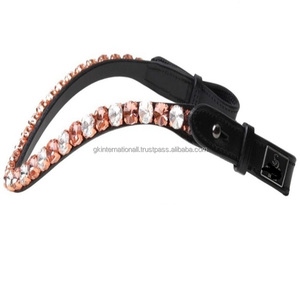 Diadema para Caballo de Cuero Genuino con Logotipo Personalizado, Cristales de Vidrio Redondos y Cadena de Diamantes, Muy Popular - Product Image 1