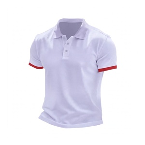 Polo blanc pour homme, logo personnalisé, coton piqué, manches courtes, décontracté, sport, golf, col et poignets côtelés rouges contrastés - Product Image 1
