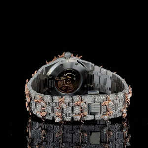 Montre à quartz personnalisée avec bracelet en argent, diamants Moissanite, cadran blanc VVS, mouvement mécanique automatique en or rose - Product Image 4