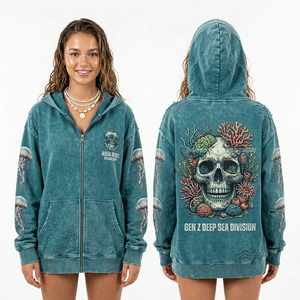 Sweat à capuche zippé vert menthe 400 GSM pour femme, motif Cyber Aqua Flow Fish Bowl Skull, manches bouffantes, imprimé futuriste Y2K, streetwear - Product Image 3