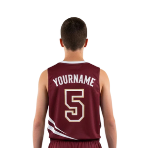 Conjunto de uniforme de baloncesto juvenil para niños, camiseta sin mangas con cuello en V, pantalones cortos holgados a juego, diseño de rayas curvas, nombre del equipo, números 100% - Product Image 4
