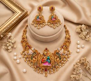 Gold Plated Bridal <b>Set</b> Choker <b>Necklace</b> Drop Earrings Tikka Ethnic Kundan <b>Pearl</b> Moissanite Trendy Wedding Engagement Anniversary - Product Image 2