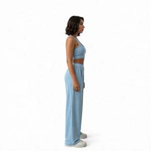 Women's Breathable Lightweight Solid Scoop Neck Two Piece Yoga Set <b>Crop</b> Tank Wide Leg Pants Summer Activewear Lounge Regular Fit - Product Image 2