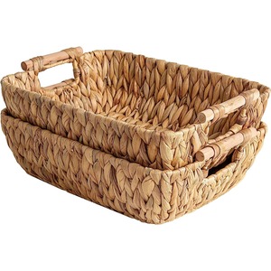 Handwoven Eco-Friendly Water Hyacinth Seagrass Storage <b>Basket</b> Rectangle Wicker Organizer Wooden <b>Handles</b> Stackable Space-Saving - Product Image 1