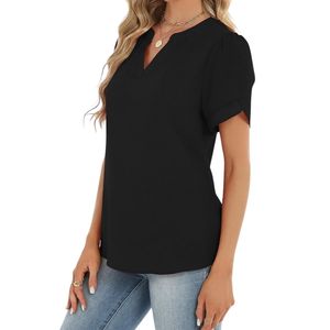 Camisas Elegantes de Chifón para Mujer, Color Negro Liso, Cuello con Abertura, Manga Corta, Corte Regular, para Uso Diario o Formal - Product Image 2