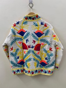 Chaqueta de Algodón con Bordado Floral Bohemio, Cuello Mandarín, Manga Larga, Talla Grande, Ropa Exterior Informal para Mujer, Primavera - Product Image 1