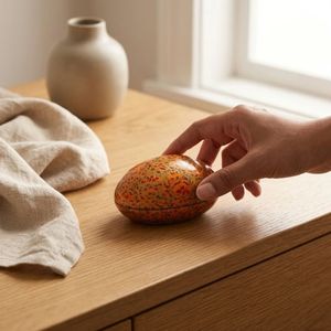 Handcrafted Marigold Orange Egg Shaped Paper Mache Jewellery <b>Trinket</b> <b>Box</b> Fine Floral Traditional Indian Artisan Gift - Product Image 3