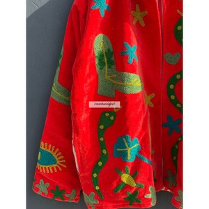 Veste en velours orange Suzani, veste brodée ouzbèke avec doublure en coton, veste décontractée pour femmes - Product Image 3