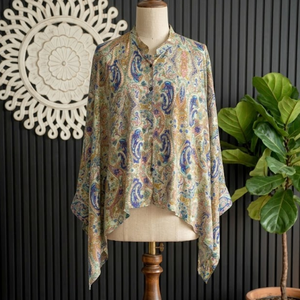 Luxury Silk <b>Maxi</b> <b>Kaftan</b> Dress Free Size Ibiza Pink Periwinkle Paisley Printed Long Flowing Gown for Resort Beach and Casual Wear - Product Image 1